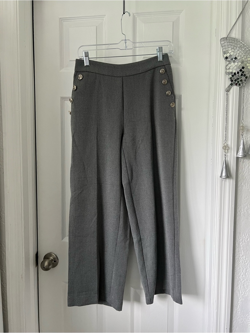 Women's Gray Wide-Leg Pants with Side Button Detail